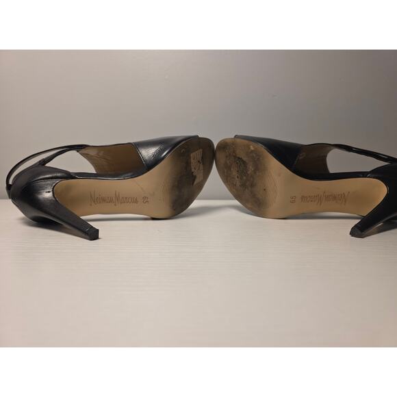 Neiman Marcus Leather Heels 6.5 Black Peep Toe Chic Luxe SlingBack Minimalist - Picture 6 of 8